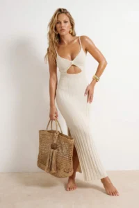 TRENDYOLMİLLA Ecru Knitwear Cellular Maxi Cut Out Detailed Beach Dress