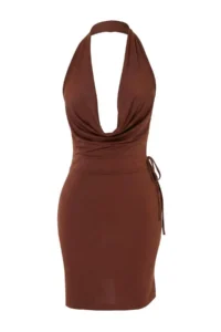 TRENDYOLMİLLA Brown Knitting Off-Shoulder Neck Mini Beach Dress - Image 4