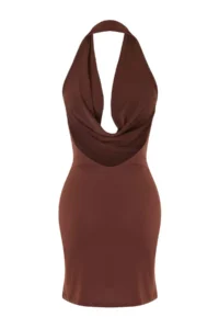TRENDYOLMİLLA Brown Knitting Off-Shoulder Neck Mini Beach Dress - Image 5