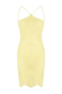 TRENDYOLMİLLA Yellow Knitting Mini Barbell Collar Beach Dress - Image 4