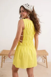 TRENDYOLMİLLA Yellow Weaving Mini Accessory Detailed 100% Cotton Beach Dress - Image 2