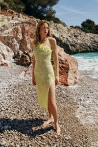 TRENDYOLMİLLA Yellow Knitwear One Shoulder Floral Appliqued Beach Dress