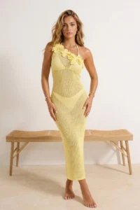 TRENDYOLMİLLA Yellow Knitwear One Shoulder Floral Appliqued Beach Dress - Image 3