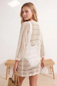 TRENDYOLMİLLA Ecru Knitwear Super Mini Boat Neck Beach Dress - Image 3