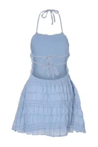 TRENDYOLMİLLA Mavi Weaving Mini Back Detailed Beach Dress - Image 4