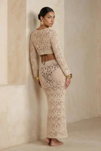 TRENDYOLMİLLA Ecru Premium Knitwear Cellular Maxi Size High Waist Slit Detailed Beach Skirt - Image 5
