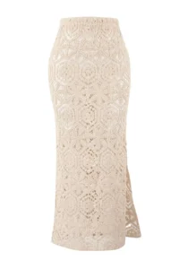 TRENDYOLMİLLA Ecru Premium Knitwear Cellular Maxi Size High Waist Slit Detailed Beach Skirt - Image 6
