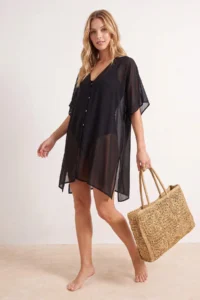 TRENDYOLMİLLA Black Weaving Midi Bat Arm Beach Kimono & Kaftan