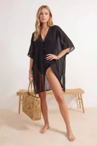 TRENDYOLMİLLA Black Weaving Midi Bat Arm Beach Kimono & Kaftan - Image 2