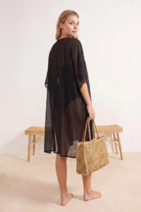TRENDYOLMİLLA Black Weaving Midi Bat Arm Beach Kimono & Kaftan - Image 3