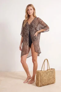 TRENDYOLMİLLA Leopard Patterned Weaving Midi Bat Arm Beach Kimono & Kaftan