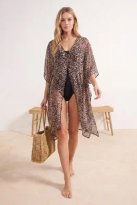 TRENDYOLMİLLA Leopard Patterned Weaving Midi Bat Arm Beach Kimono & Kaftan - Image 2