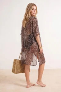 TRENDYOLMİLLA Leopard Patterned Weaving Midi Bat Arm Beach Kimono & Kaftan - Image 4
