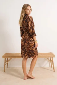 TRENDYOLMİLLA Leopard Patterned Weaving Midi Accessory Detailed 100% Cotton Beach Kimono & Kaftan - Image 3