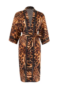 TRENDYOLMİLLA Leopard Patterned Weaving Midi Accessory Detailed 100% Cotton Beach Kimono & Kaftan - Image 4