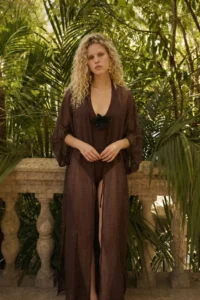 TRENDYOLMİLLA Brown Weaving Maxi Oversized Beach Kimono & Kaftan - Image 2