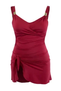 TRENDYOLMİLLA Burgundy Belted Accessory Detailed Binding Detailed V-neck Covered Skirt Swimsuit - Image 5