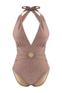 TRENDYOLMİLLA Brown Silvery Casting with accessories Deep V-neck Covered Regular Swimsuit - Image 6