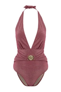TRENDYOLMİLLA Burgundy Silvery Casting with accessories Deep V-neck Covered Regular Swimsuit - Image 4