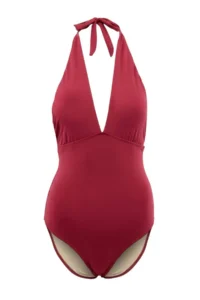 TRENDYOLMİLLA Burgundy Deep V-neck Covered Regular Basic Swimsuit - Image 4