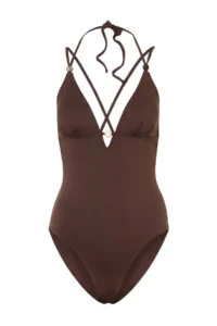 TRENDYOLMİLLA Brown V-neck Covered With Beaded Accents Regular Swimsuit - Image 4