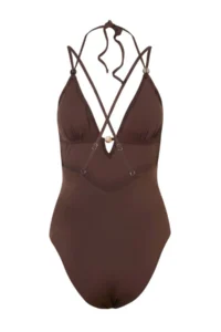 TRENDYOLMİLLA Brown V-neck Covered With Beaded Accents Regular Swimsuit - Image 5