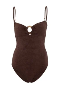 TRENDYOLMİLLA Brown textured Strapless Covered Accessory Detailed Regular Swimsuit - Image 5