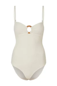 TRENDYOLMİLLA Ecru textured Strapless Covered Accessory Detailed Regular Swimsuit - Image 4