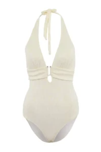 TRENDYOLMİLLA Ecru textured V-neck Covered Accessory Detailed Regular Swimsuit - Image 4