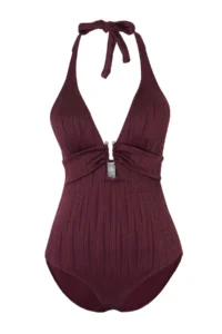 TRENDYOLMİLLA Plum textured V-neck Covered Accessory Detailed Regular Swimsuit - Image 4