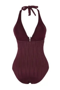 TRENDYOLMİLLA Plum textured V-neck Covered Accessory Detailed Regular Swimsuit - Image 6