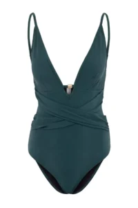 TRENDYOLMİLLA Petrol Deep V-neck Covered Drapeli with accessories Swimsuit - Image 4