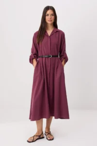 Trendyol Modest Burgundy Shirt Collar Belt Detailed Weaving Hijab Dress - Image 2