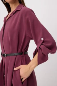Trendyol Modest Burgundy Shirt Collar Belt Detailed Weaving Hijab Dress - Image 3
