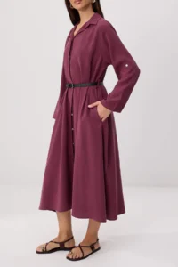 Trendyol Modest Burgundy Shirt Collar Belt Detailed Weaving Hijab Dress - Image 4