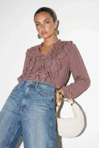 Drop by TrendyolMilla Light Brown Front Frilly V-neck Shirt Blouse