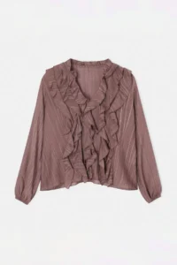 Drop by TrendyolMilla Light Brown Front Frilly V-neck Shirt Blouse - Image 4