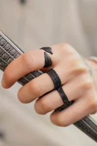 The Collection Unisex Black Kaplama Adjustable 3 Sets Ring Set