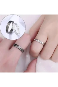 The Collection Heartbeat Couple Ring Wedding Ring Set of 2 Silver Plated Adjustable Rings - Image 2