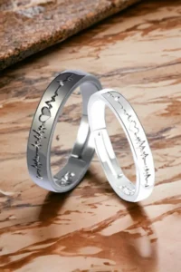 The Collection Heartbeat Couple Ring Wedding Ring Set of 2 Silver Plated Adjustable Rings - Image 6