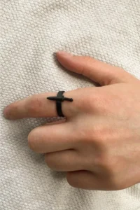 The Collection Unisex Black Adjustable Ring with Mini Sword Figure - Image 3