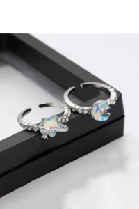 The Collection Set of 2 Blue Opal Moon and Star Figure Adjustable Women's Rings (2 RINGS) - Image 4