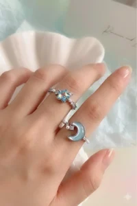 The Collection Set of 2 Blue Opal Moon and Star Figure Adjustable Women's Rings (2 RINGS) - Image 5