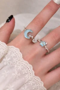 The Collection Set of 2 Blue Opal Moon and Star Figure Adjustable Women's Rings (2 RINGS) - Image 6