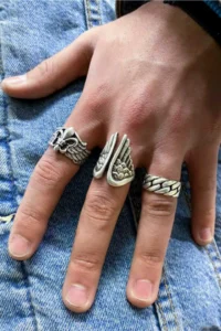The Collection Set of 3 Florence Wing Chain Silver Plated Adjustable Rings