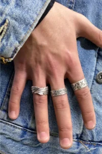 The Collection Set of 3 Feather Smoke Cuneiform Silver Plated Adjustable Rings - Image 2