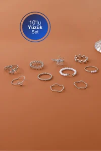 The Collection 10 Pack Kombin Eklem Silver with bible Ring Set - Image 3