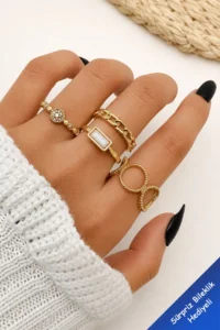 The Collection 4 Sets Kombin Eklem Gold Mineli Ring Set