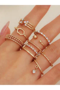 The Collection 8-Piece Combination Hanging Stone Model Joint Gold Ring Set - Image 3