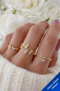 The Collection 4-Piece Combination Butterfly Flower Detailed Joint Gold Stone Ring Set